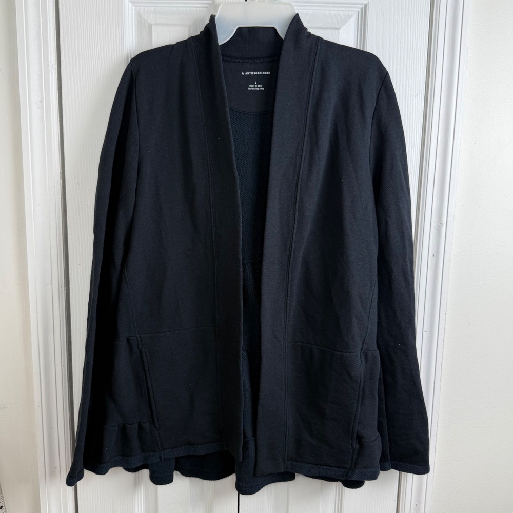 Anthropologie Cardigan Large Black Open Front Shawl Collar Minimalist Fleece